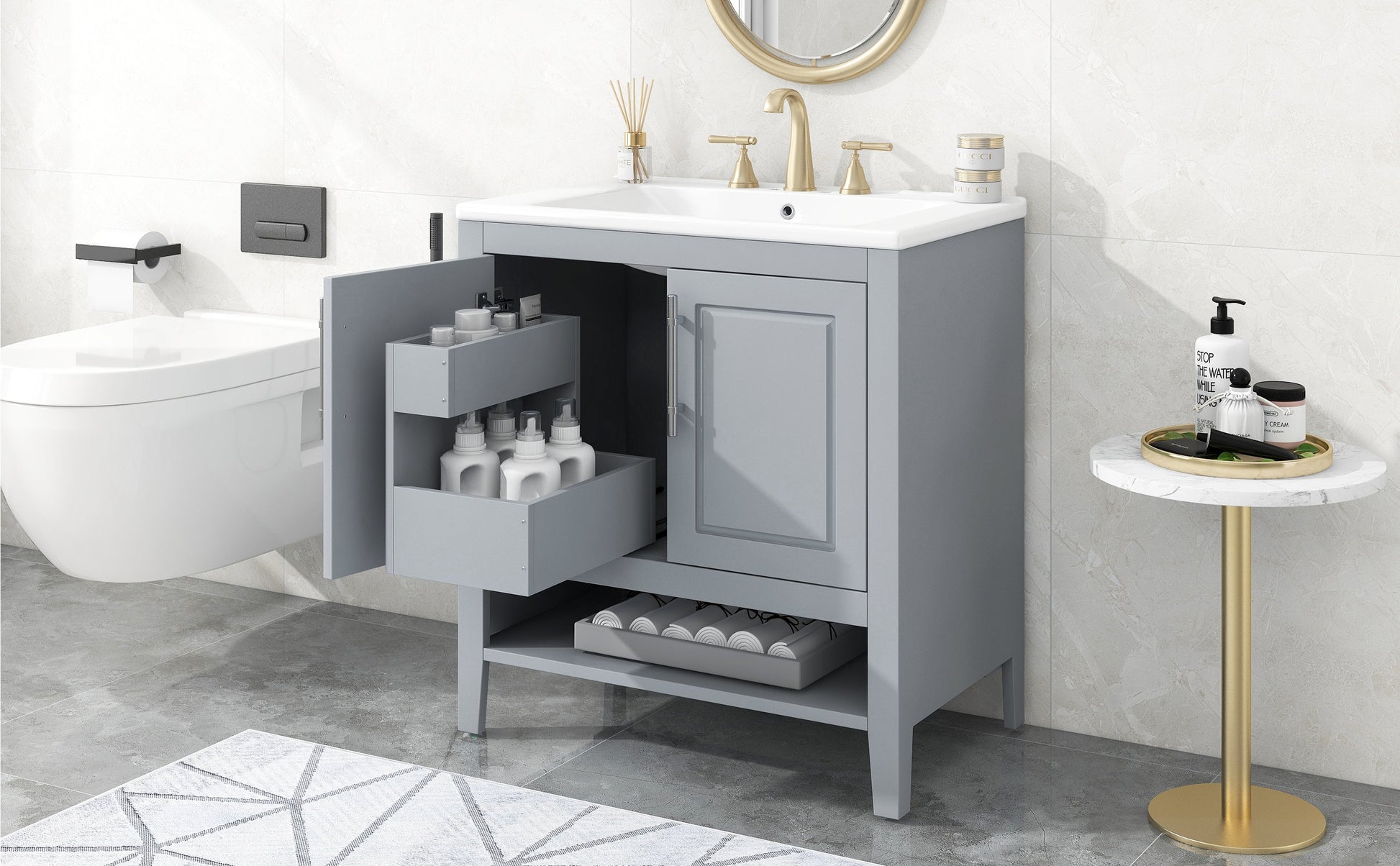 30" Bathroom Vanity with Sink, Multi-functional Bathroom Cabinet with Doors and Drawers, Solid Frame and MDF Board, Grey - Korvel