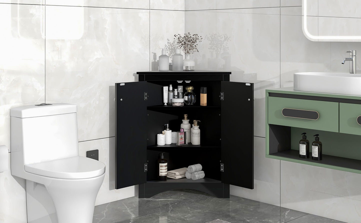 Black Triangle Bathroom Storage Cabinet with Adjustable Shelves