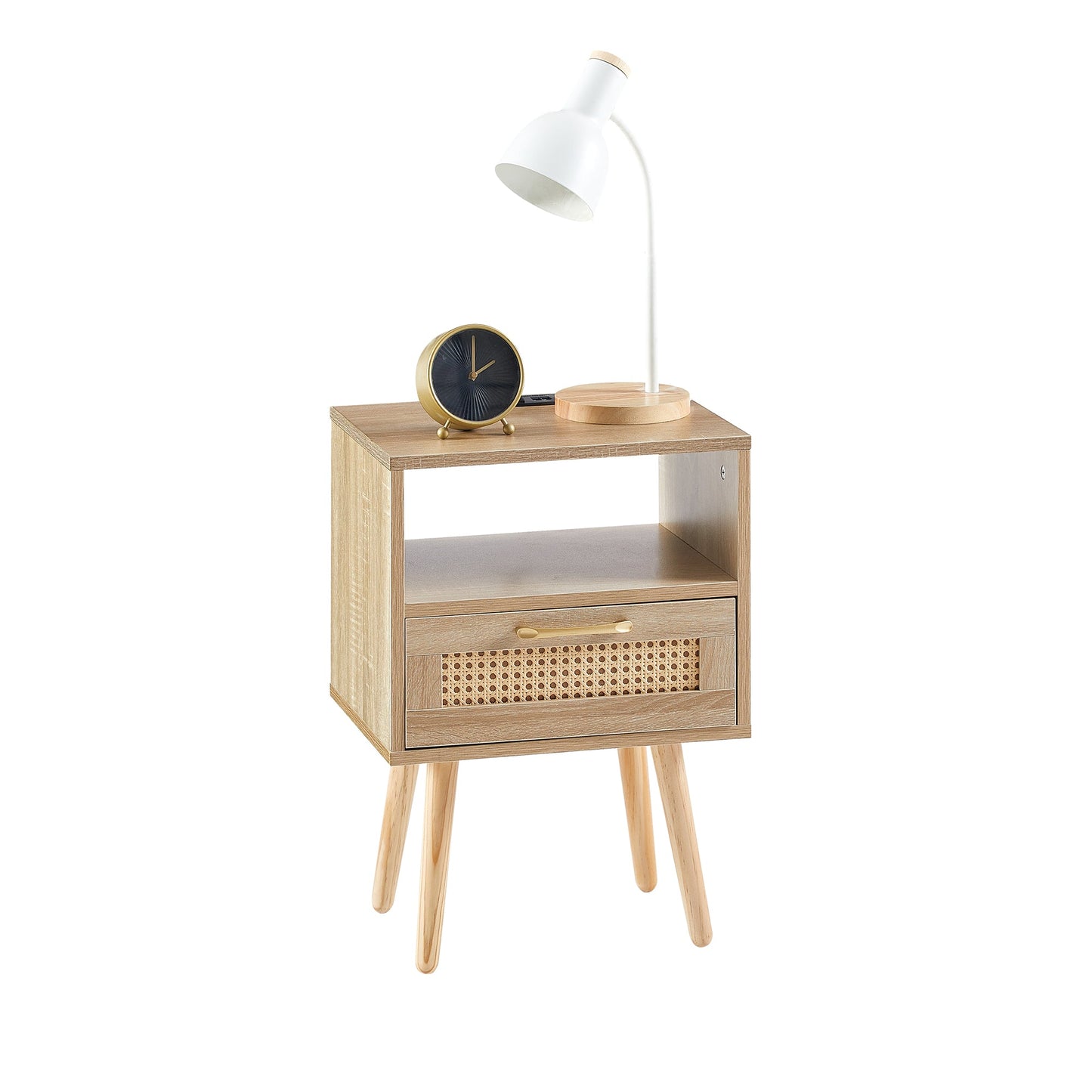 15.75" Rattan End table with Power Outlet & USB Ports  Modern nightstand with drawer and solid wood legs - Korvel