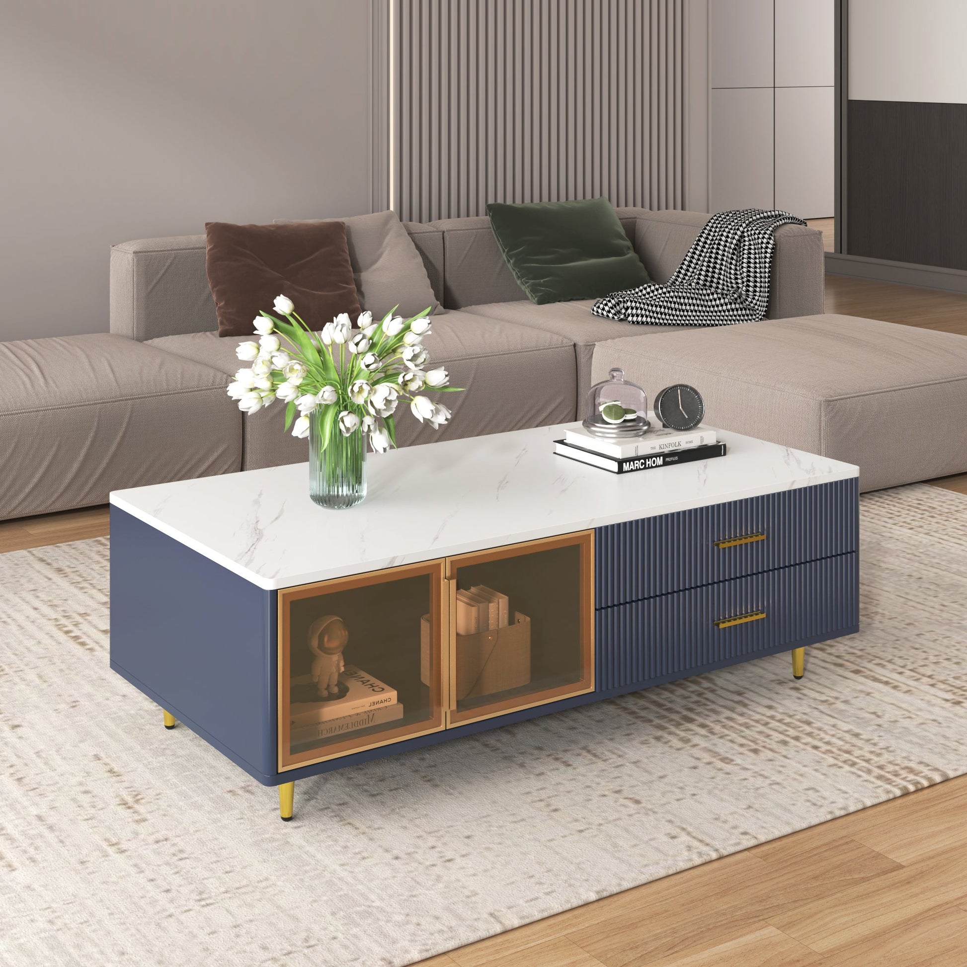 Modern Navy Blue Coffee Table with 2 Glass Door Storage, 4 Drawers, Gold Metal Legs, and Multi-Color Lighting in 47.2'' - Korvel