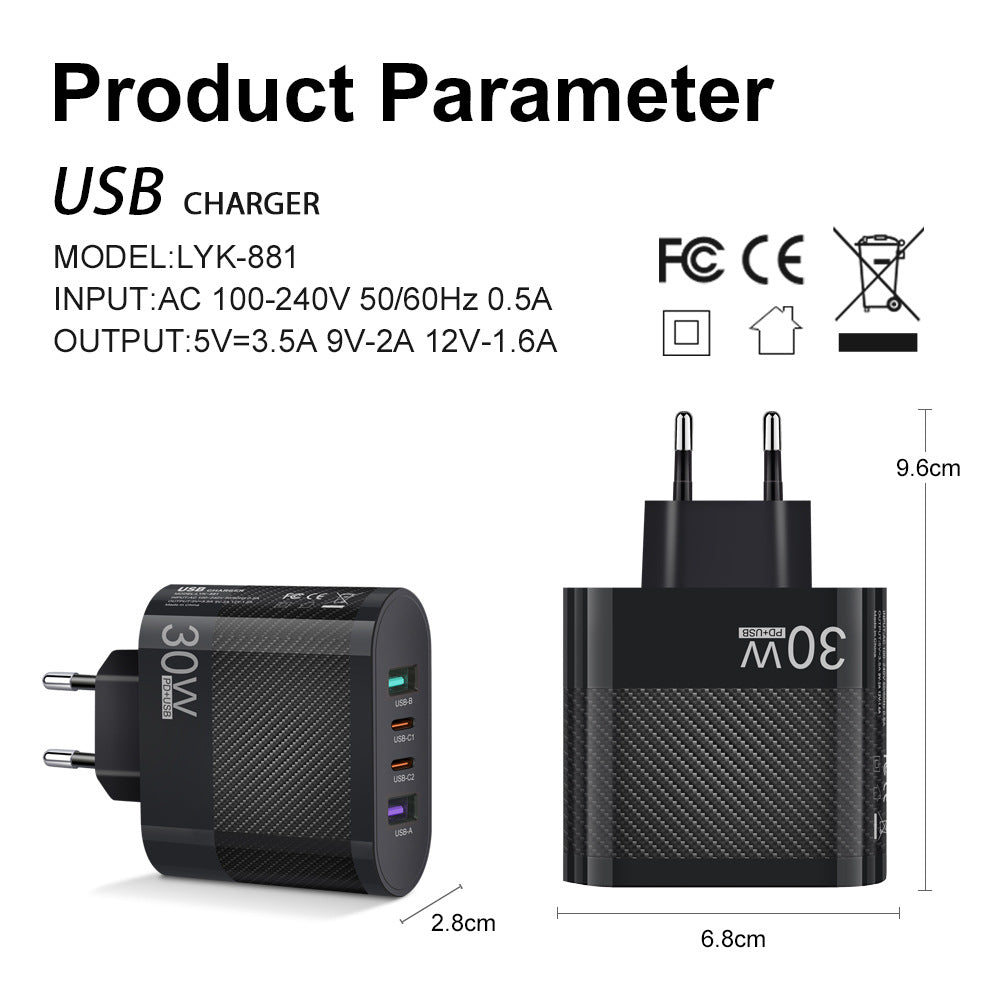2USB Type-C 30W Mobile Phone Charger Multi Interface Travel Charging Head - Korvel