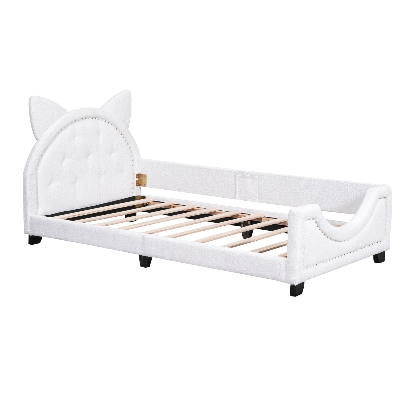 Lit de jour rembourré en polaire Teddy taille twin avec tête de lit en forme d'oreilles