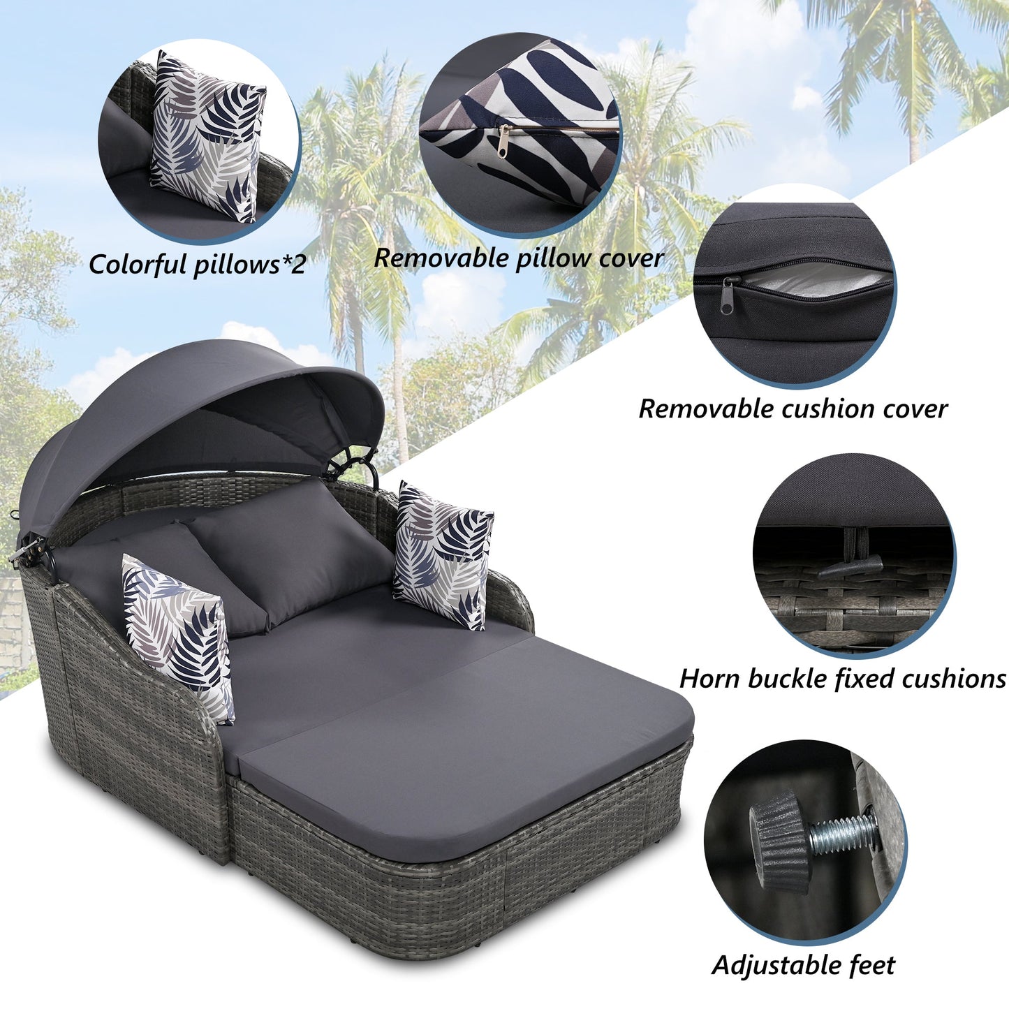 GO 79.9" Outdoor Sunbed with Adjustable Canopy, Double lounge, PE Rattan Daybed, Gray Wicker And Cushion - Korvel