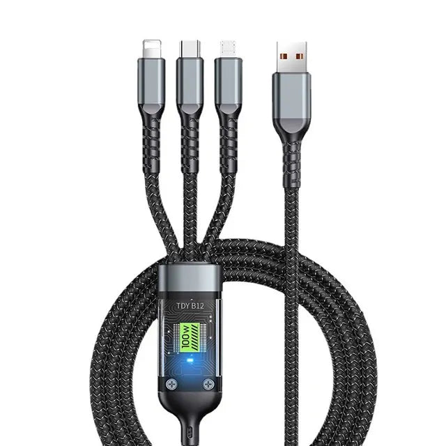 3-in-1 USB 100W Cable for Fast Charging and Data Transfer