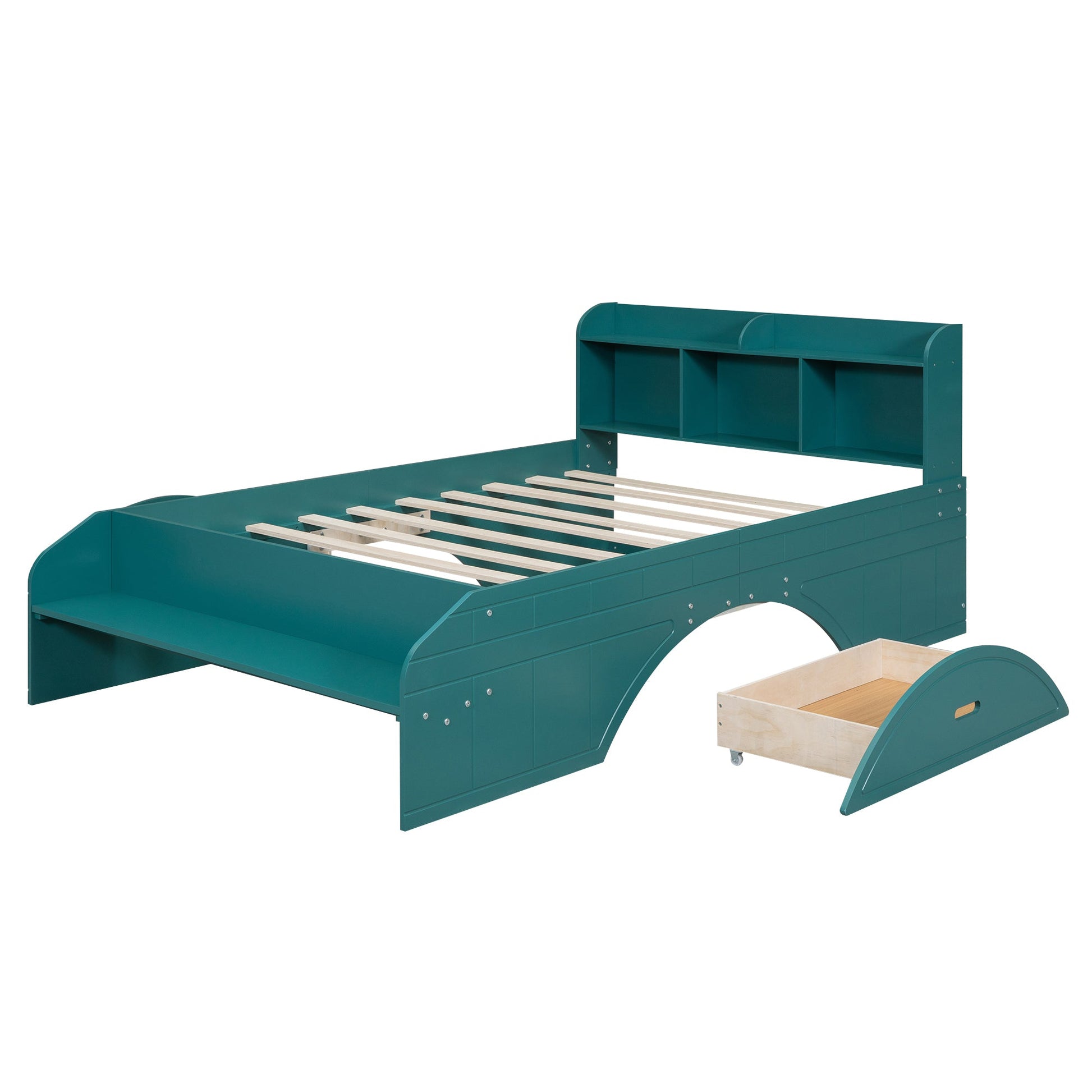 Wood Full Size Platform Bed with 2 Drawers, Storage Headboard and Footboard, Dark Green - Korvel