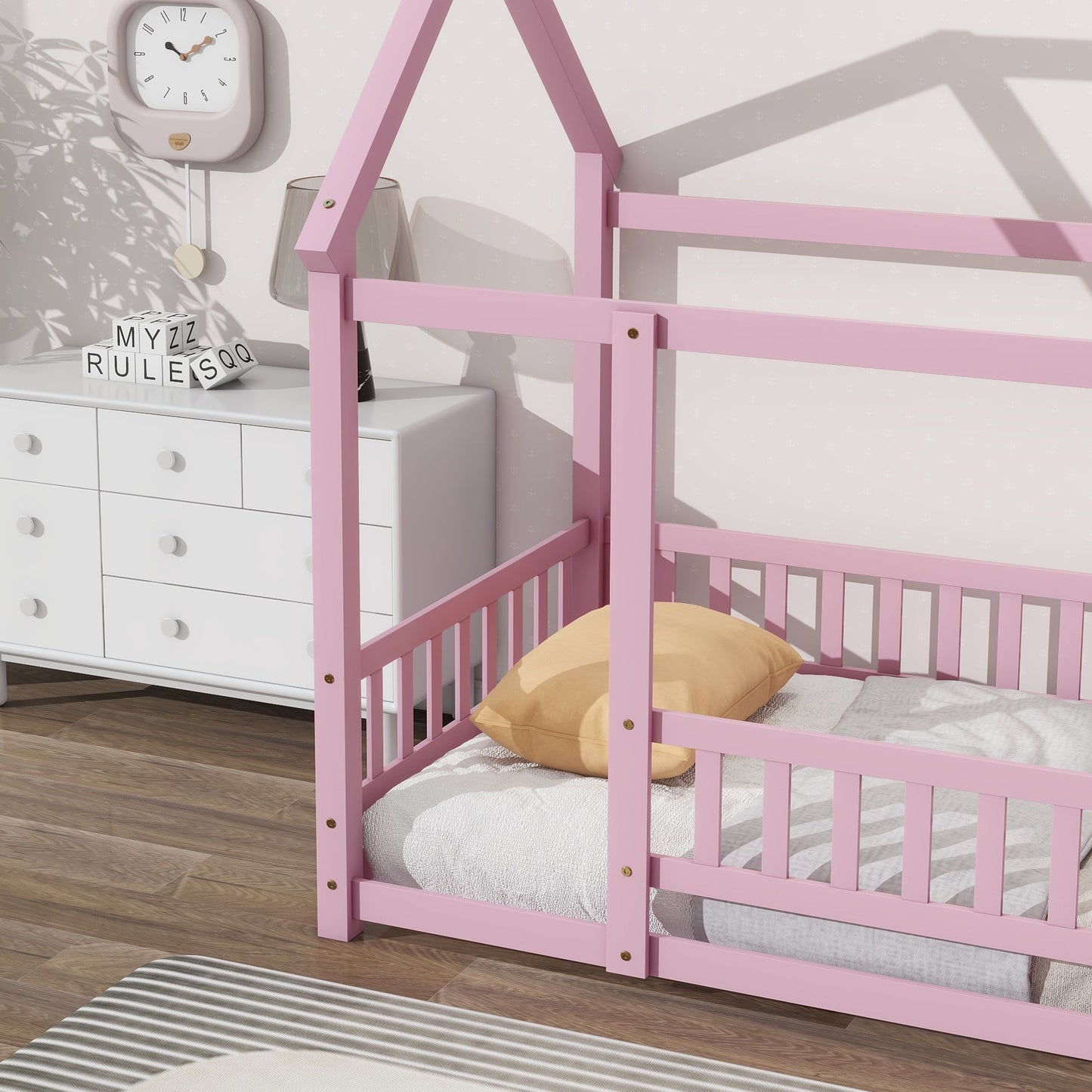 Twin Size Floor Wooden Bed with House Roof Frame, Fence Guardrails,Pink - Korvel