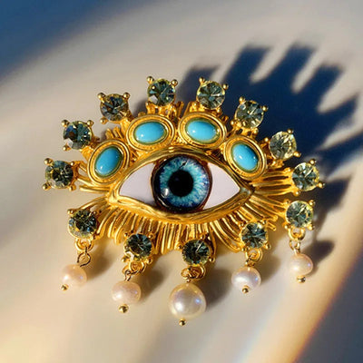 New Exaggerated Devil's Eye Brooch Baroque Pearl Tassel for Men Women Unisex Pin Jewelry European And American Vintage - Korvel