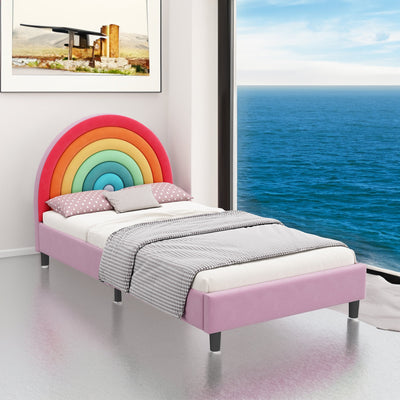 Rainbow Design Upholstered Twin Platform Bed Cute Style Princess Bed for Boys & Girls, Teens, Colorful & Pink - Korvel