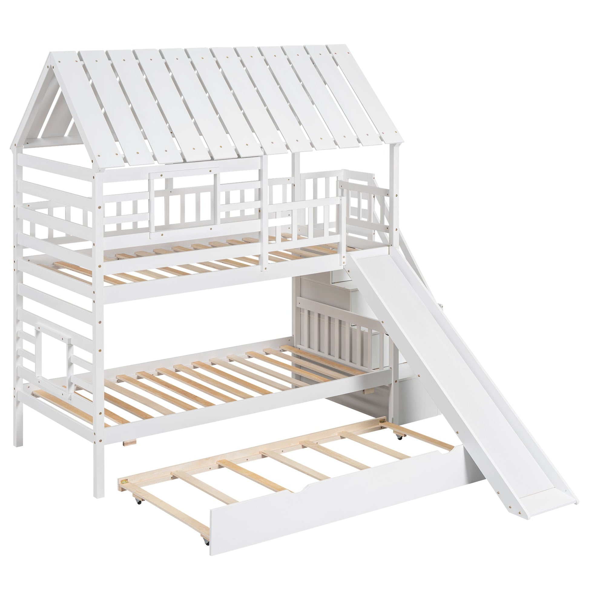 Twin over Twin House Bunk Bed with Trundle and Slide Storage Staircase Roof and Window Design  White - Korvel