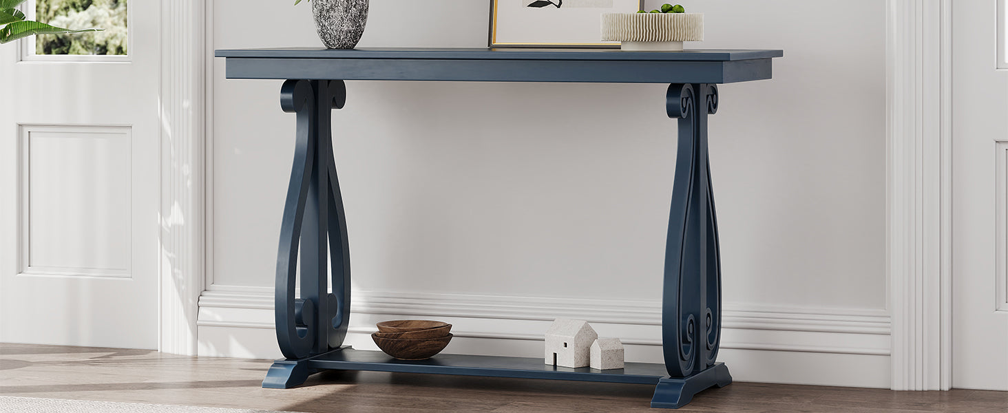 48-Inch Rustic Vintage Console Table --- Farmhouse Style Entryway Table with Open Shelf and Sturdy Construction (Navy) - Korvel