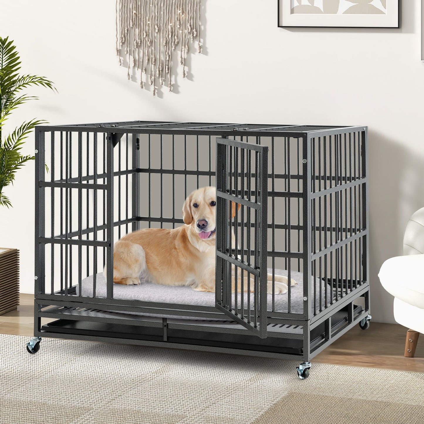 Jaula para Perros de Metal Plegable de 48 Pulgadas con Ruedas Bloqueables
