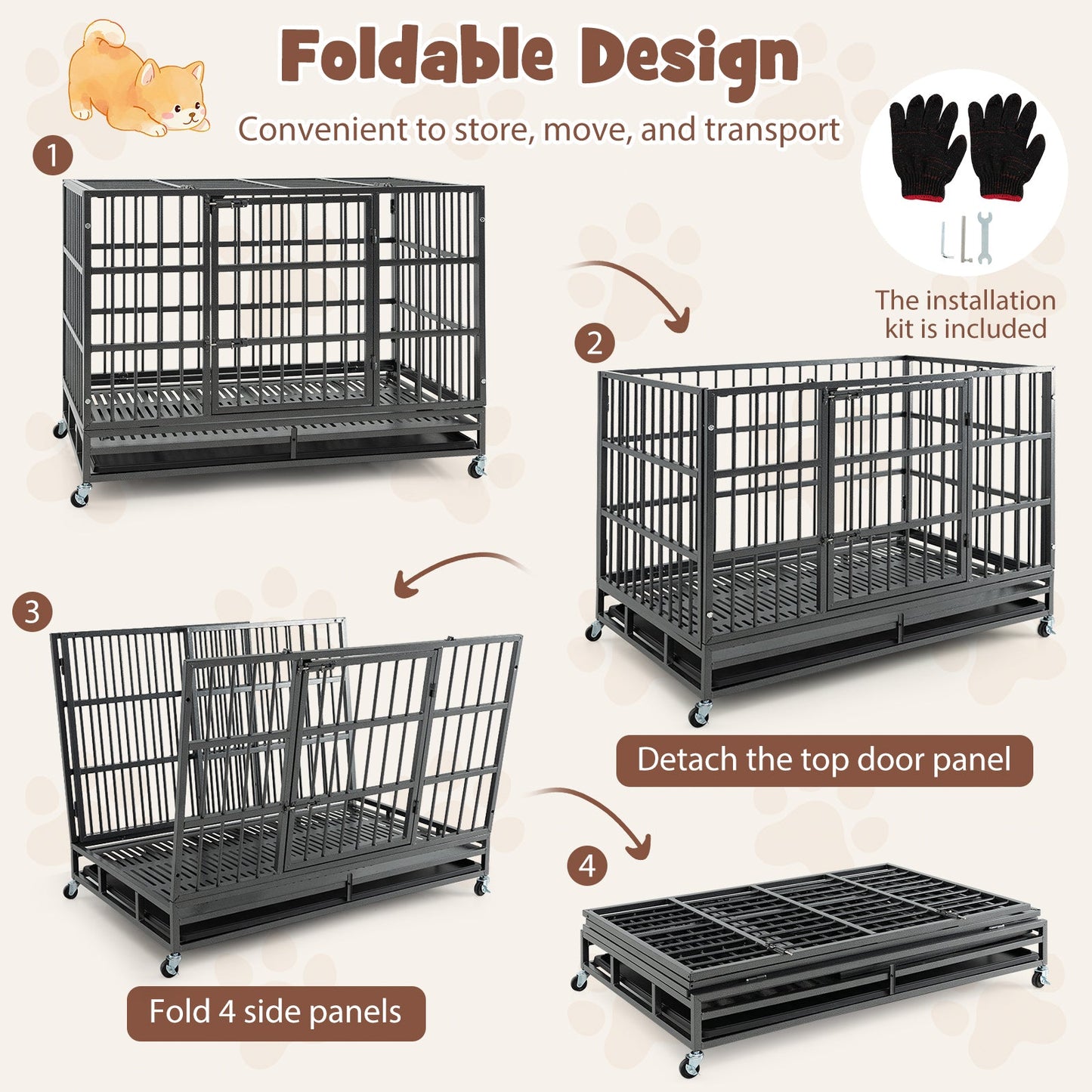 Jaula para Perros de Metal Plegable de 48 Pulgadas con Ruedas Bloqueables