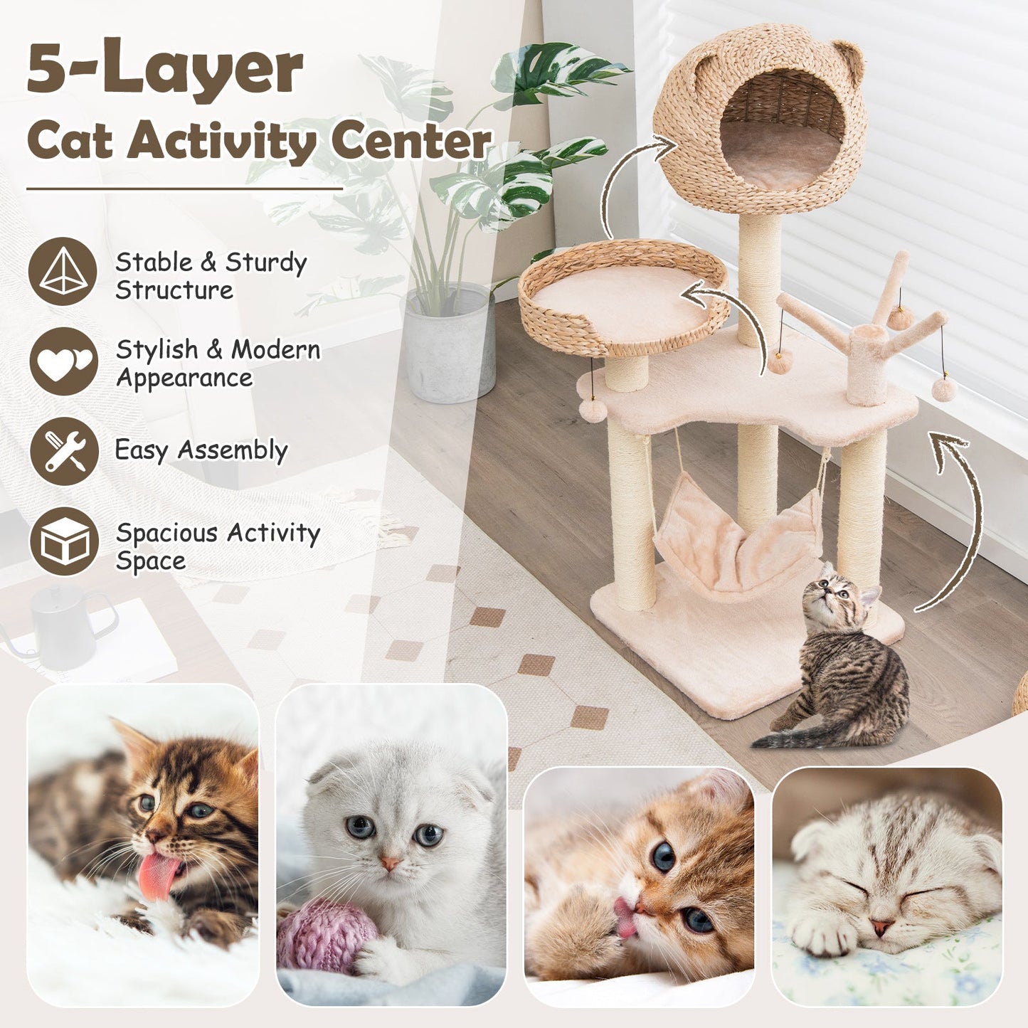 Multi-Level Cat Tree with Condo, Hammock & Rotatable Balls
