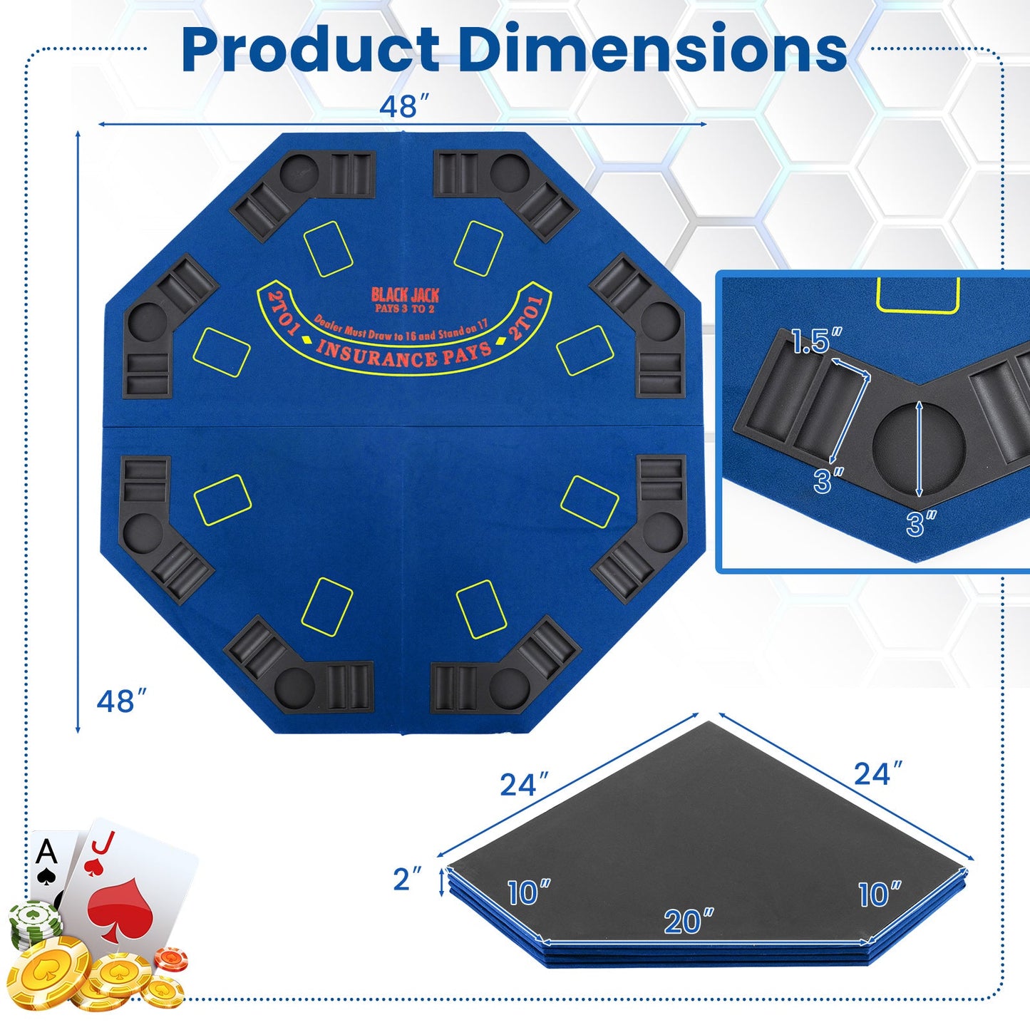 Gbruno 48 Inch 8-Player Foldable Poker Table Top - Blue