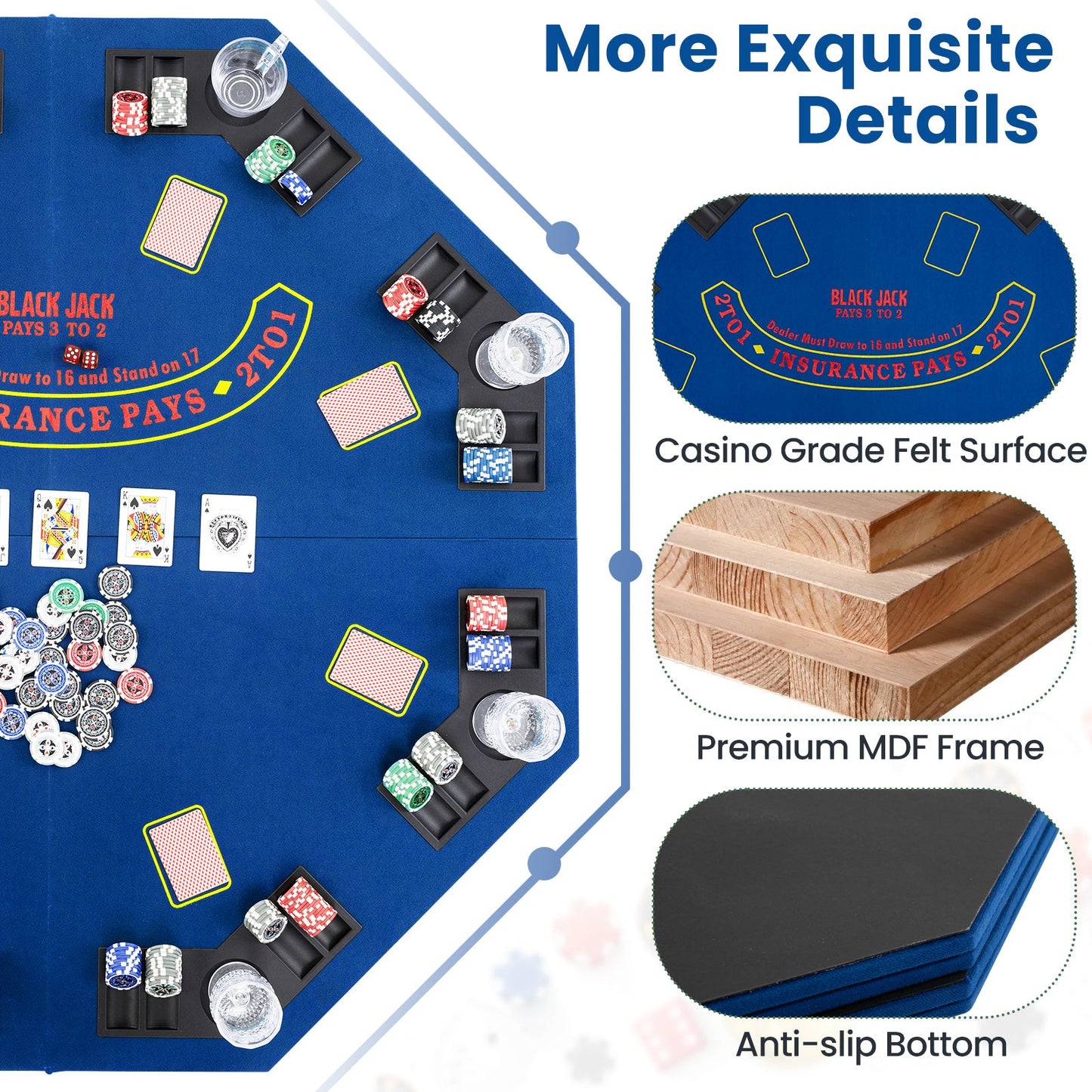 Gbruno 48 Inch 8-Player Foldable Poker Table Top - Blue