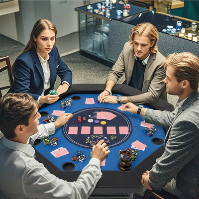 48-Inch Foldable Poker Table with Padded Rails and Cup Holders - Blue