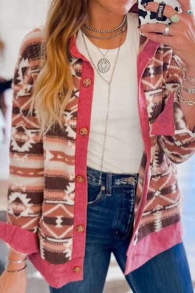 Retro Geometric Print Corduroy Trim Button-Up Jacket