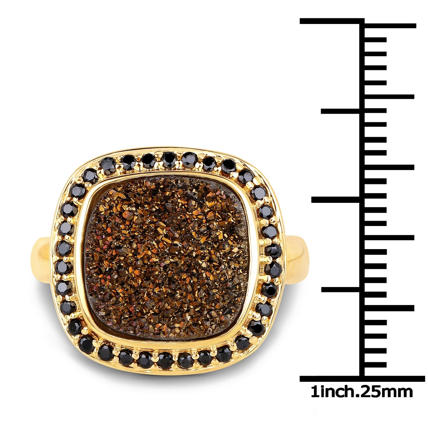 Anillo de cóctel de cuarzo drusy y espinela negra chapado en oro amarillo de 14K