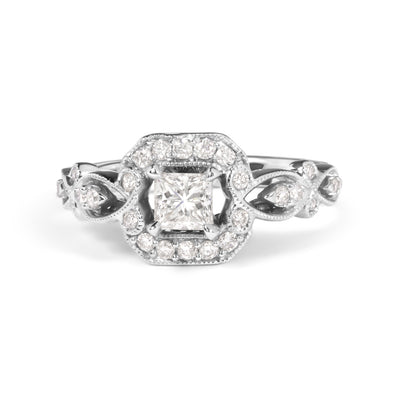 14K White Gold Diamond Halo Engagement Ring - Size 7