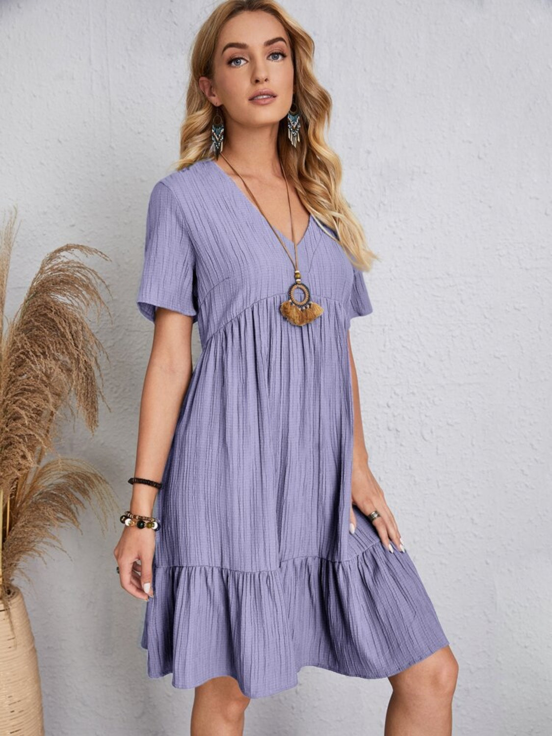 Vestido Clásico de Cuello en V de Manga Corta para Mujeres