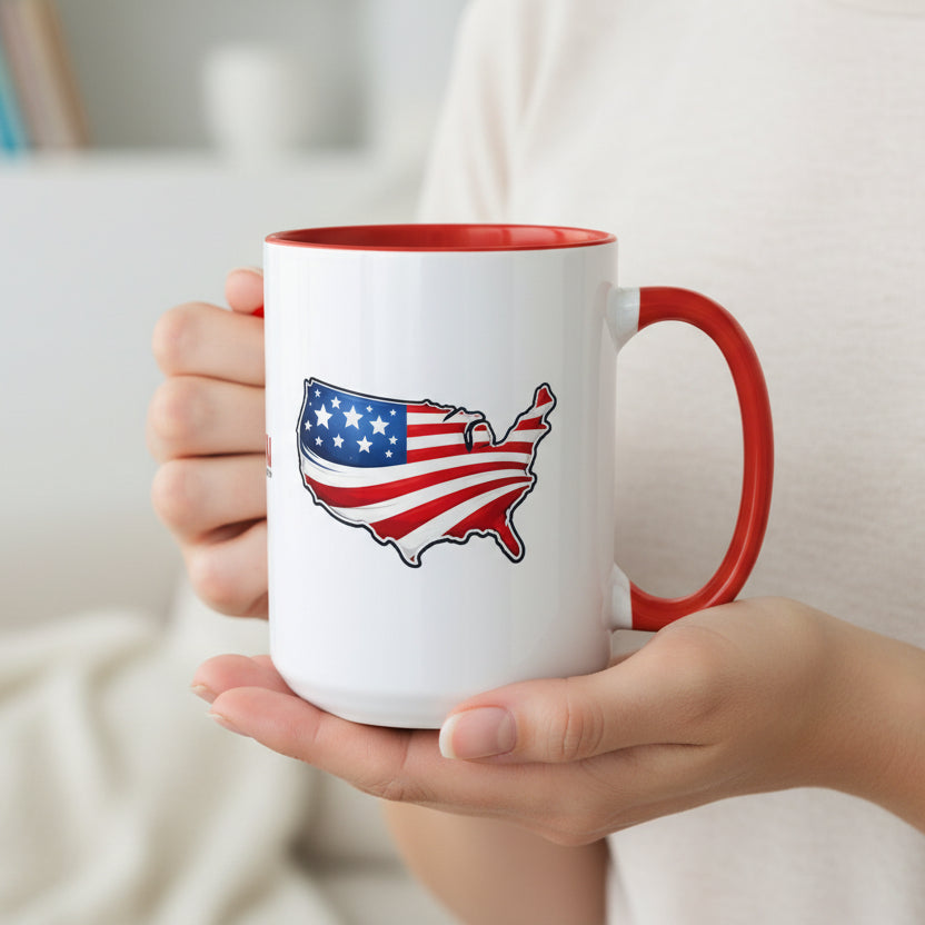 Taza de café patriótica con mapa de EE. UU. y asa roja