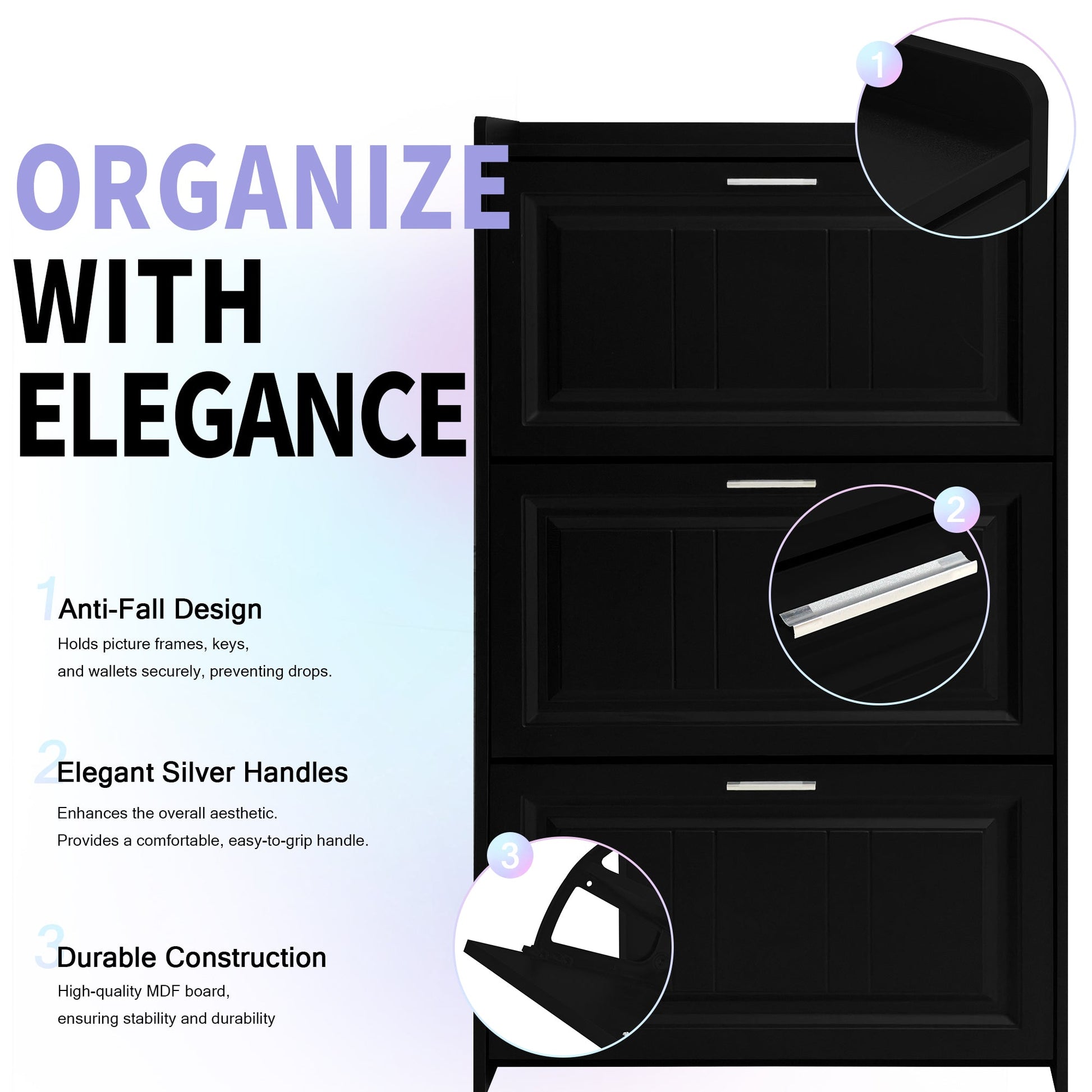 U-Can Shoe Storage Cabinet for Entryway with 3 Flip Drawers, Modern Shoe Organizer Cabinet, Free Standing Shoe Rack Black - Korvel