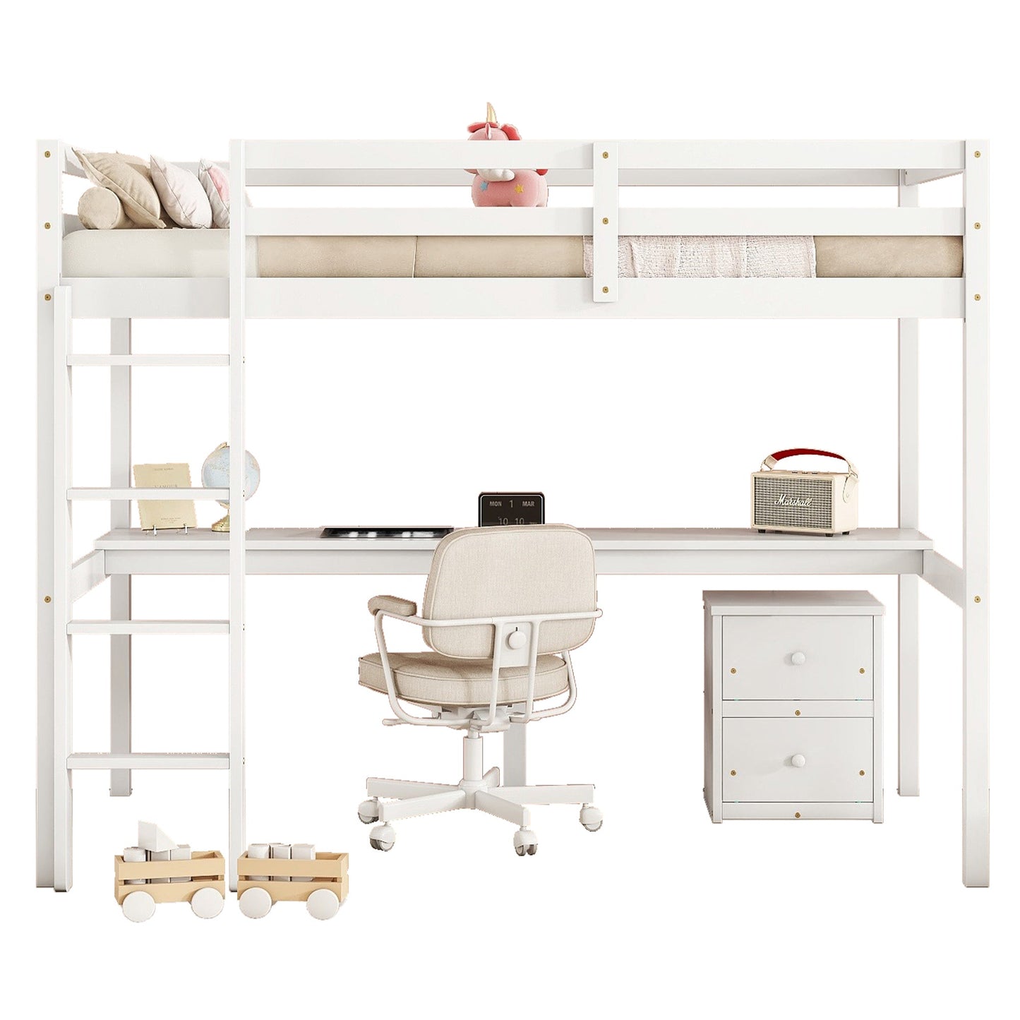 Twin Loft Wood Bed with Under-bed, Built-in Desk, a Storage Cabinet of 2 Drawers, Guardrails, Ladder,White - Korvel
