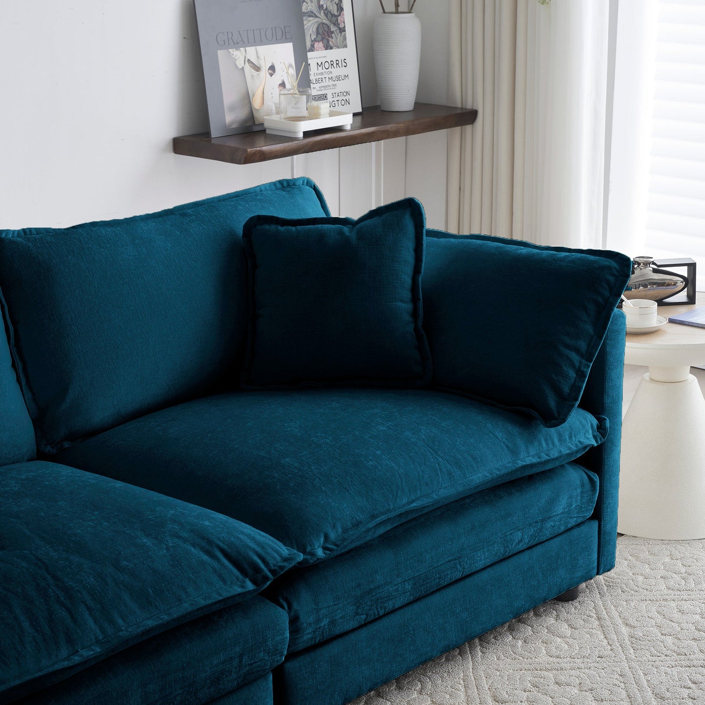 Ottoman modern style chair, living room club chair Chenille cushioned armchair, bedroom reading chair, blue - Korvel