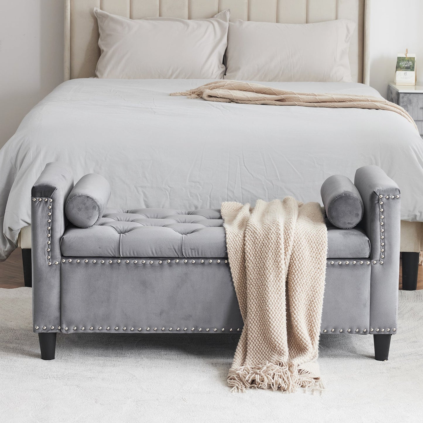 Storage Bench, 44.5-Inch Queen Velvet Button Bedside Bench, Entryway Living Room with Armrests, Nailhead Trim Gray - Korvel