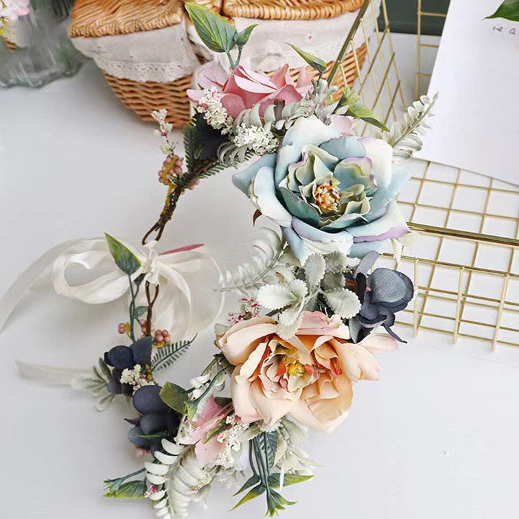 Korean garland headdress fresh big Peony corolla walk show dance headdress holiday pastoral props hair band - Korvel