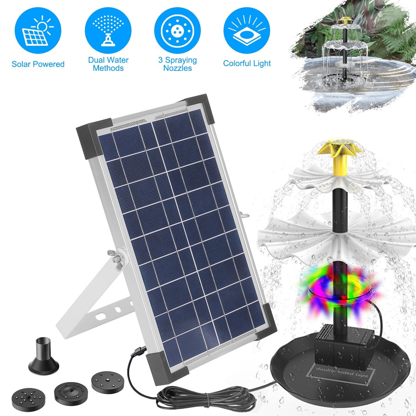 3-Tier Solar Bird Bath Fountain with Colorful LED Lights