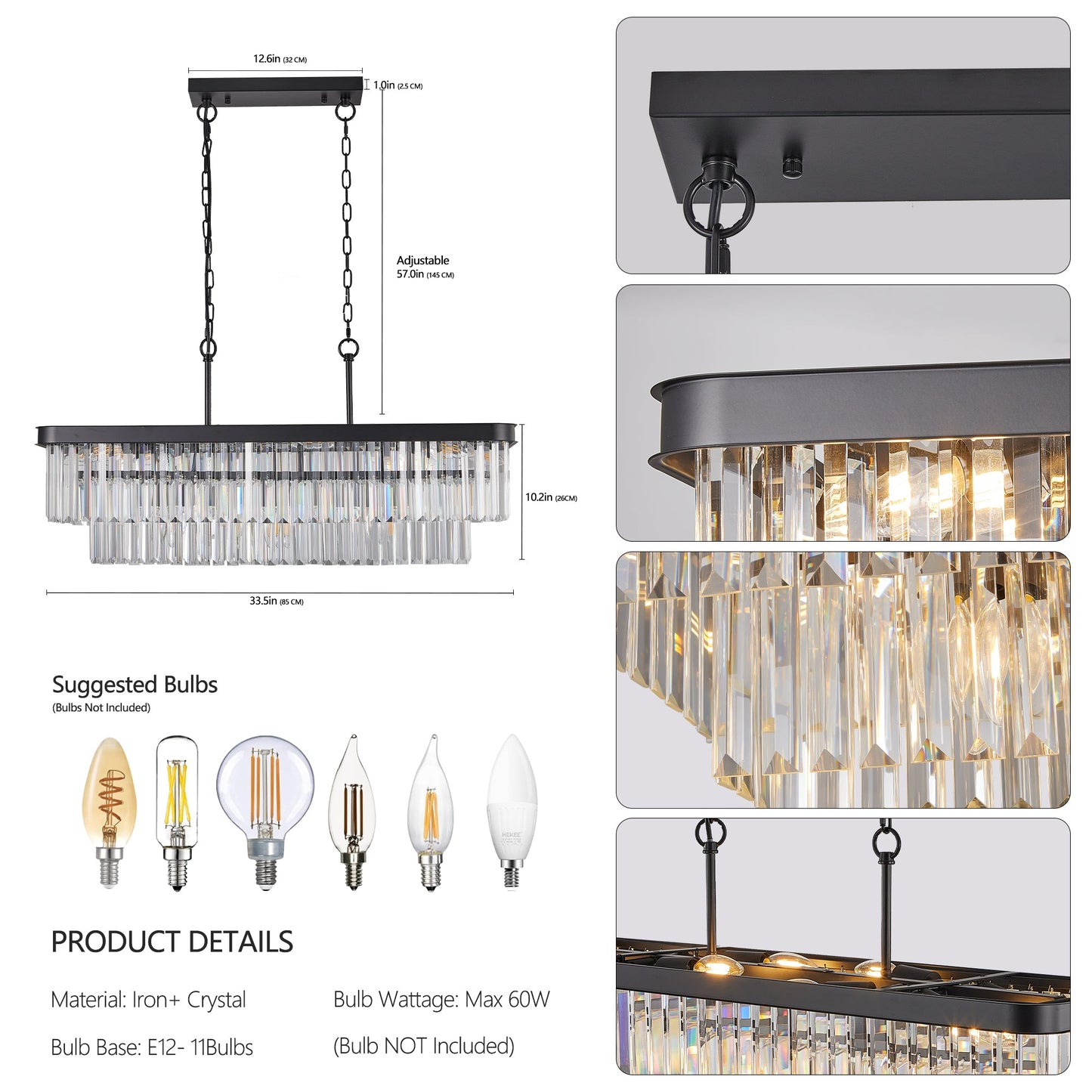 Chandeliers,Rectangular Crystal Chandelier Adjustable,E12 Modern Industrial Crystal Lights (Bulb Not Included) - Korvel
