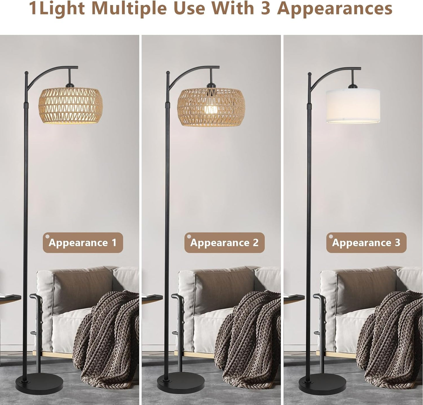 Arc Floor Lamp with Remote Control, Dimmable LED Floor Lamp with 3 Color Temperature Boho Farmhouse Tall Pole Lamp - Korvel