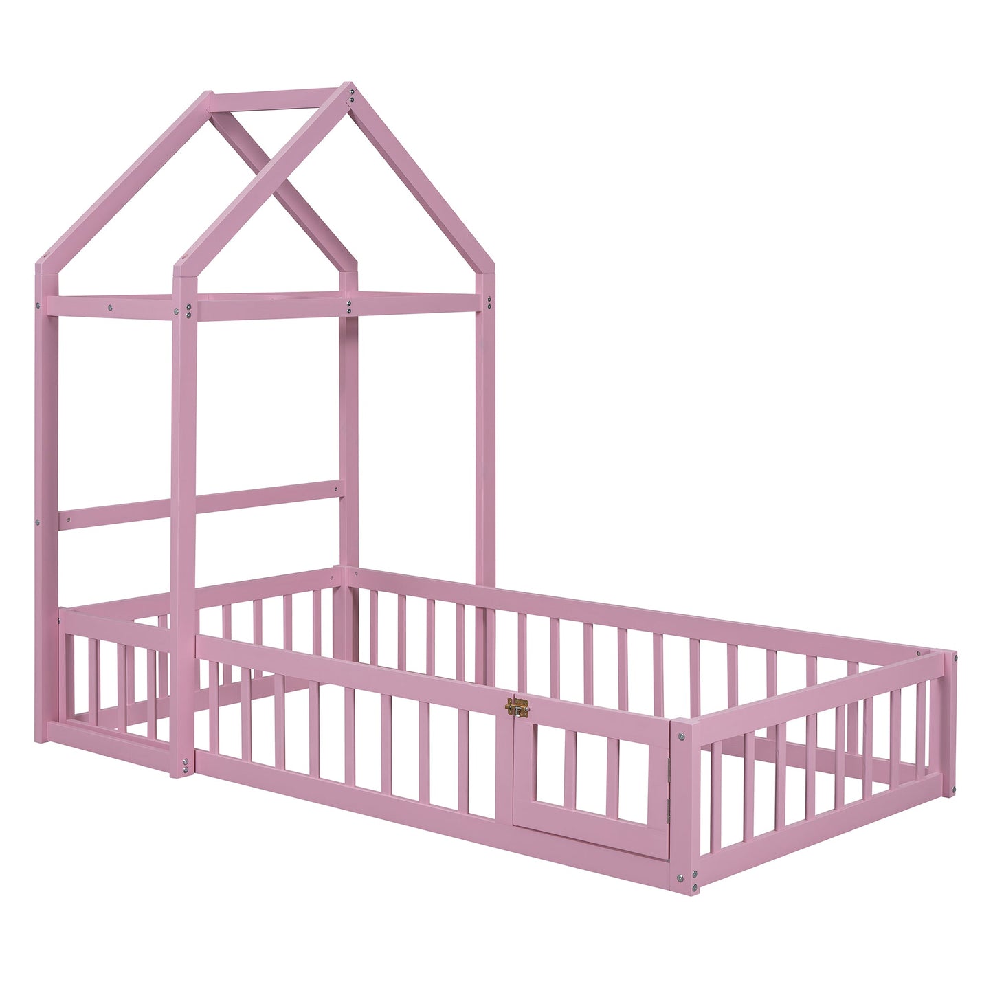 Wooden Twin Size Children's Bed with Detachable Headboard, Pink