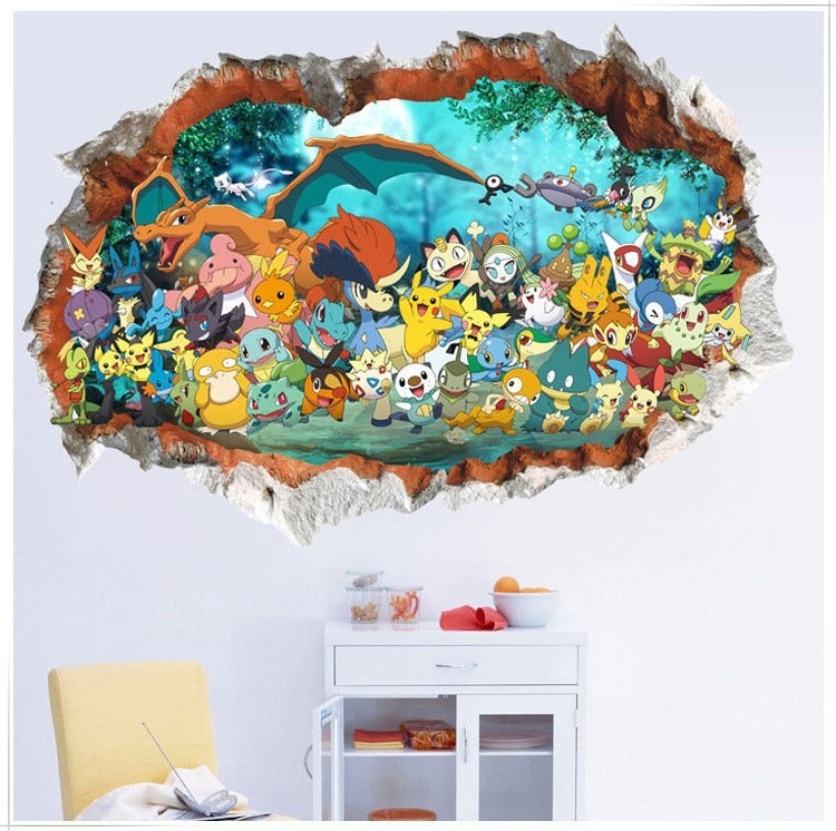 New 3D Pikachu Wall Sticker Pok é mon Wallpaper Self adhesive Cartoon Graffiti Anime Poster Children's Room PVC - Korvel