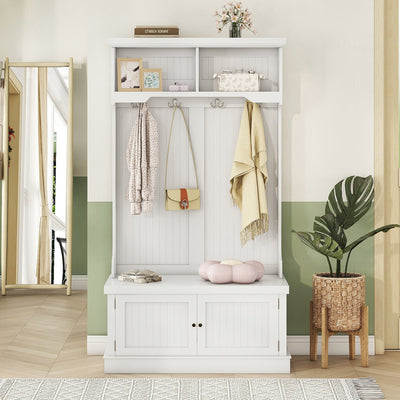 Hall Tree with Storage Shoe Bench for Entryway and Hallway, 4-in-1 Design Coat Racks with 4 Hooks for Living Room, White - Korvel