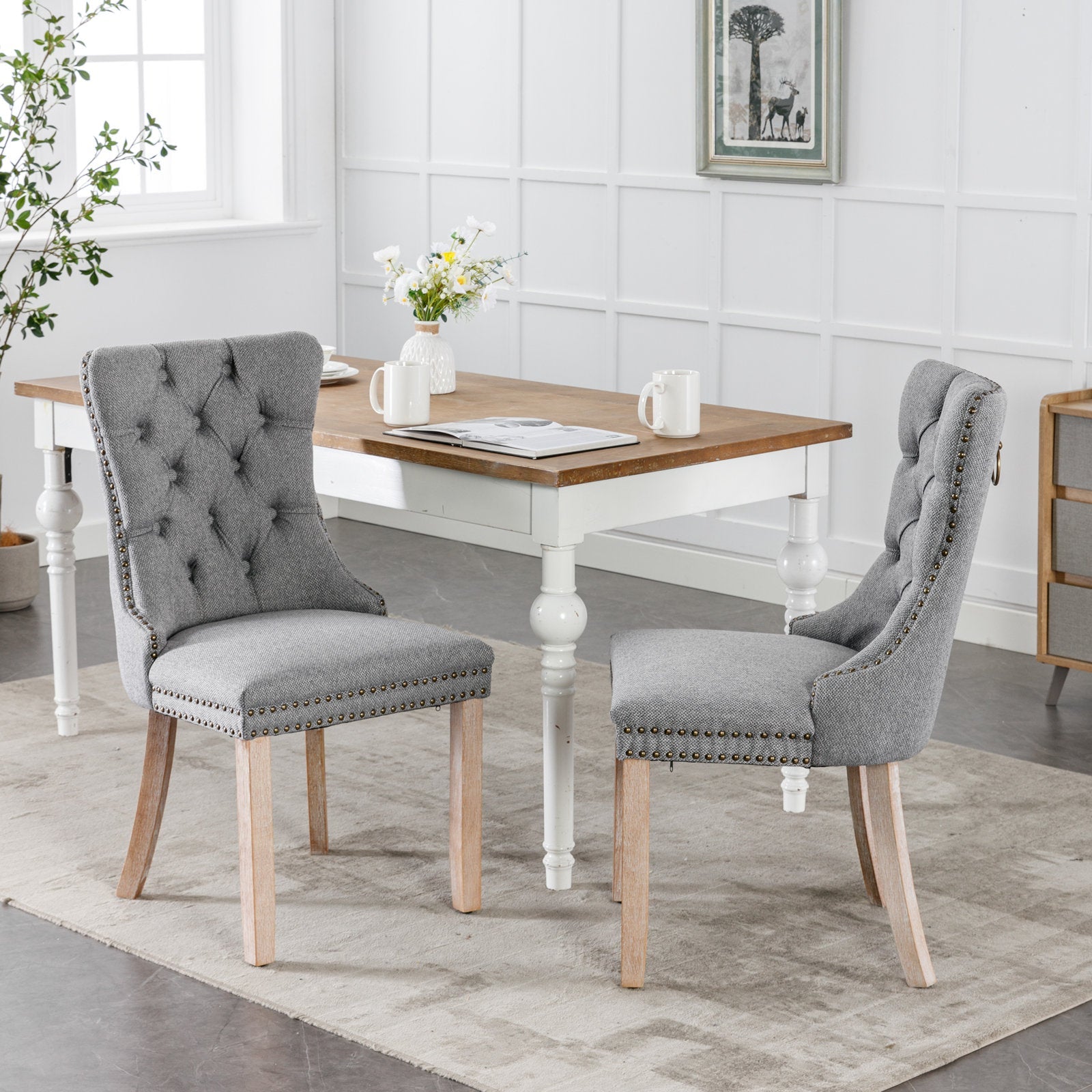 High-end Tufted Solid Wood Contemporary Flax Upholstered Linen Dining Chair with Wood Legs Nailhead Trim 2-Pcs Set Gray - Korvel