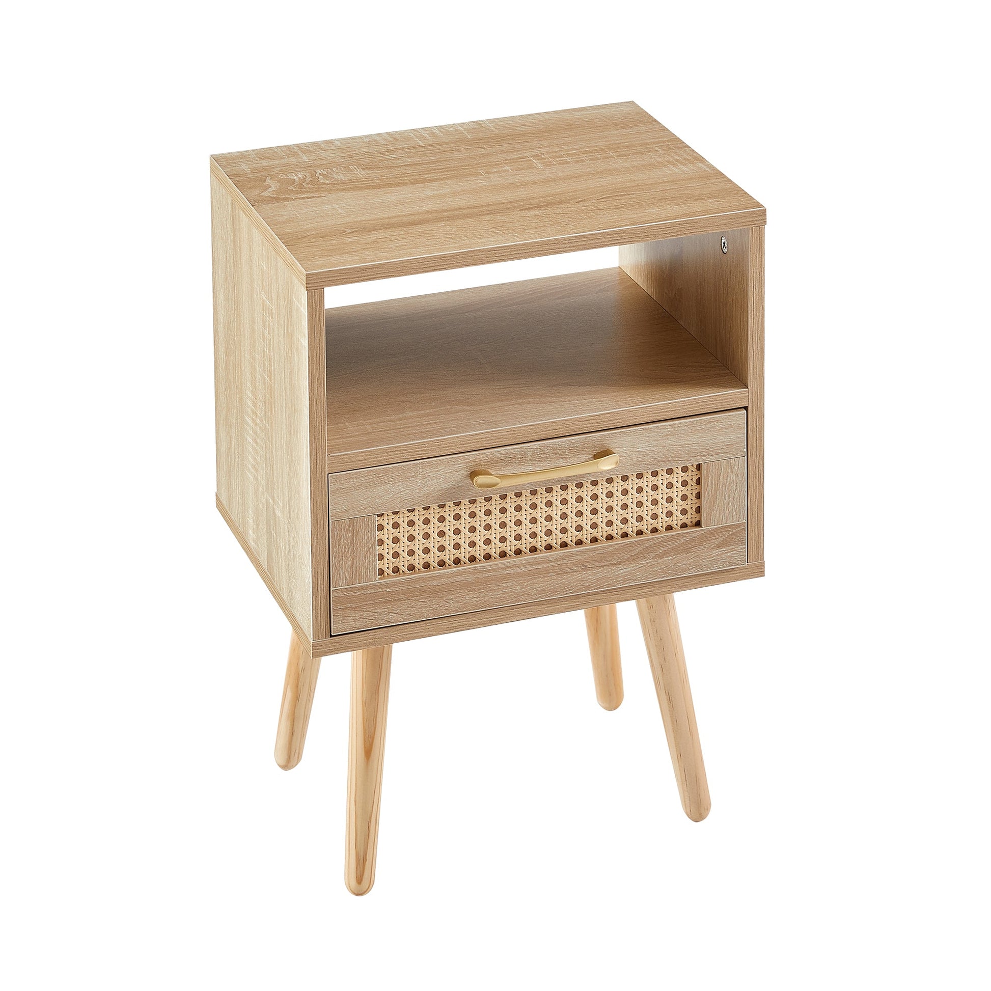 15.75" Rattan End table with drawer and solid wood legs Modern nightstand side table for living room natural - Korvel