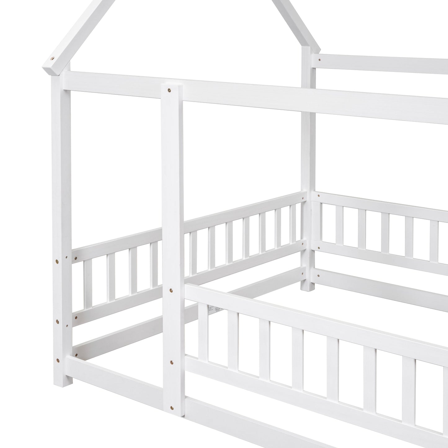 Full Size Floor Wooden Bed with House Roof Frame and Guardrails - White