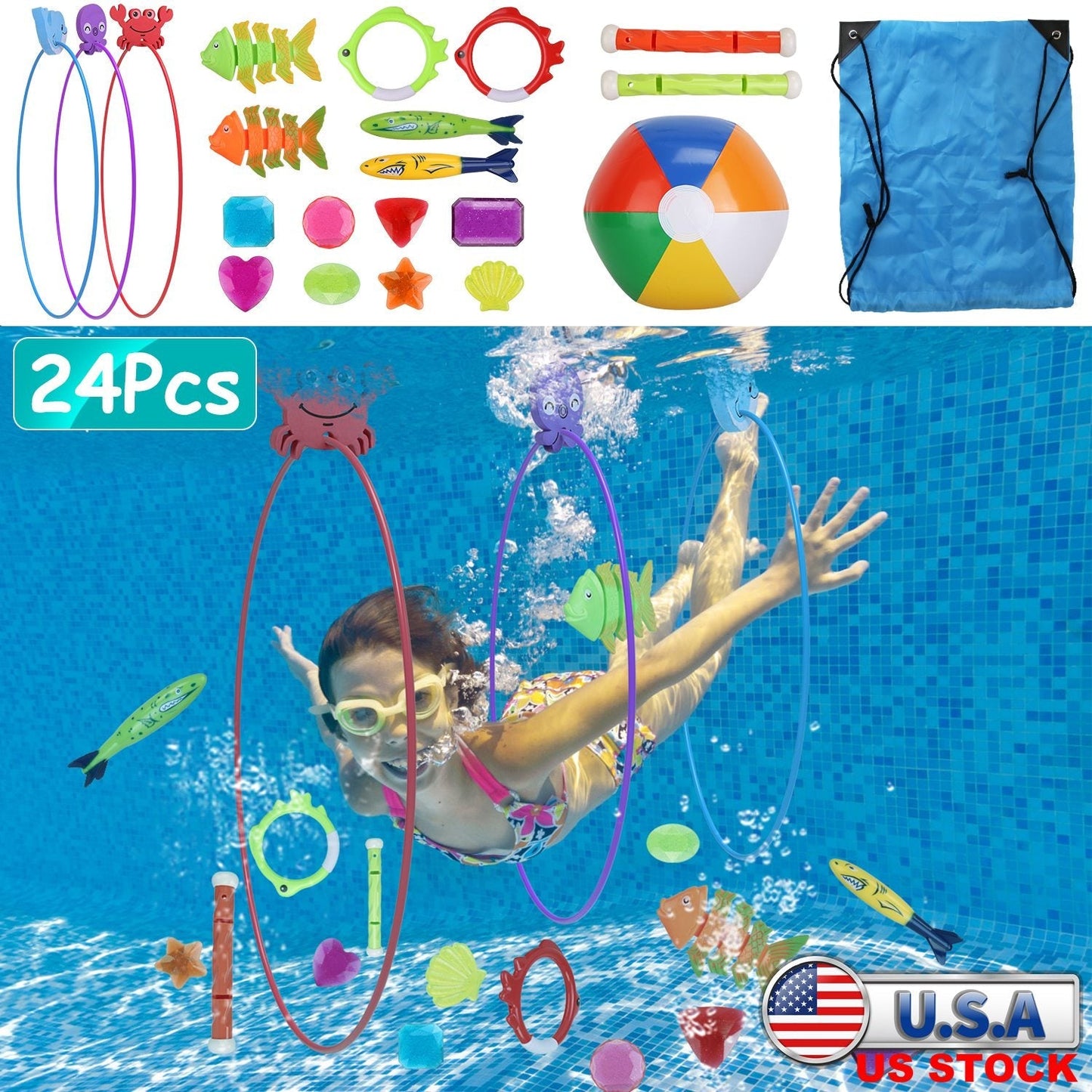 Juego de Juguetes de Buceo GBruno de 24 Piezas para Diversión en la Piscina