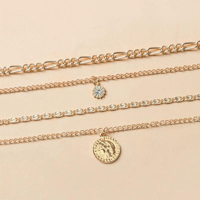 Mandotos Chunky Gold Layered Necklace with Coin Pendant and Sun Charm