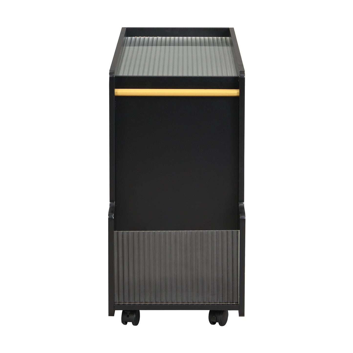 Stylish mobile desk with lockable wheels,bedside table with 5mm thick grooved tempered glass and gold round bars ，black - Korvel