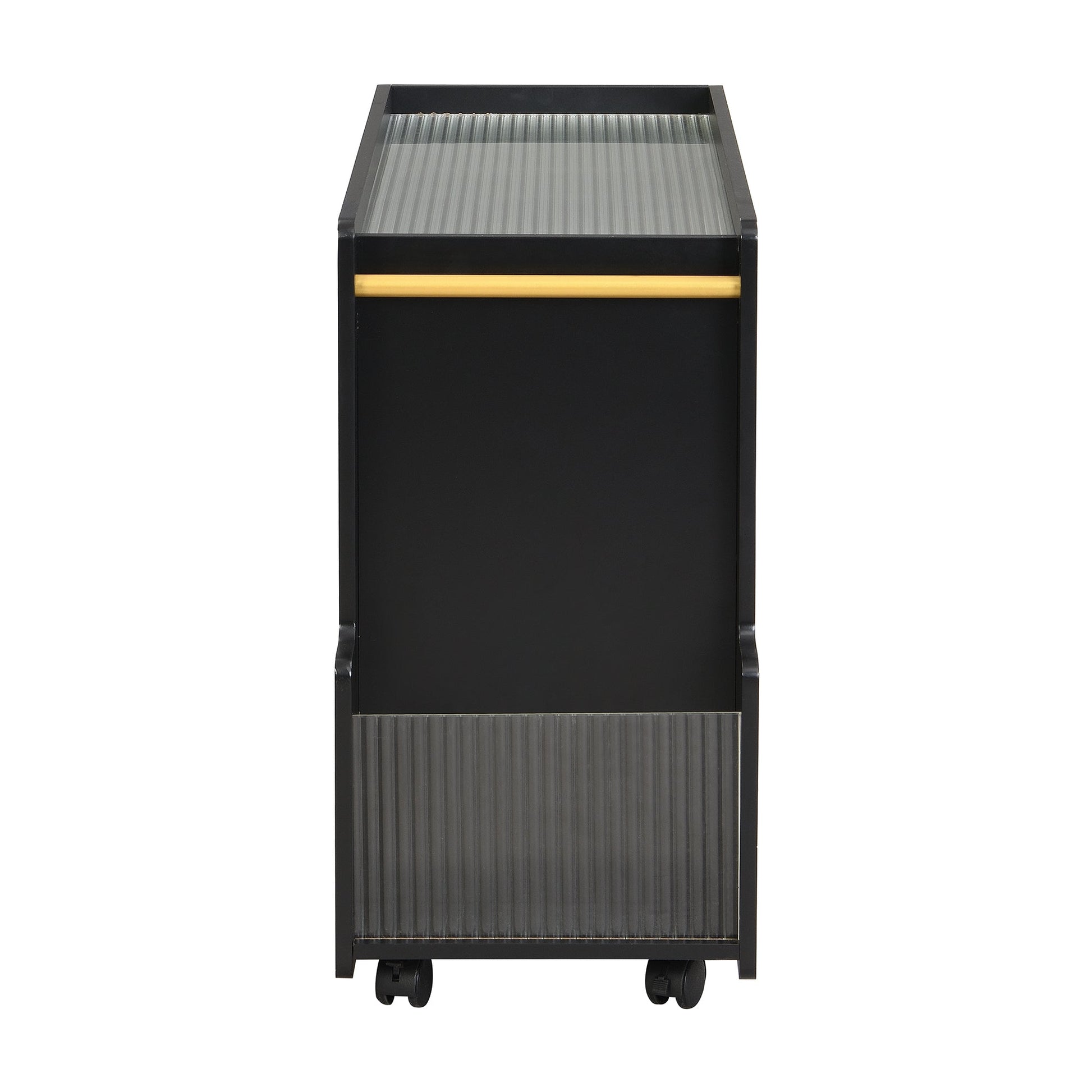 Stylish mobile desk with lockable wheels,bedside table with 5mm thick grooved tempered glass and gold round bars ，black - Korvel