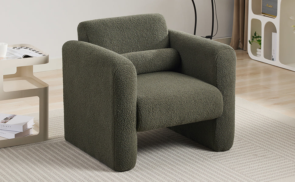 Modern style chair with sheepskin Sherpa fabric soft cushion, comfortable armchair, soft with backrest and pillow, seaweed green - Korvel