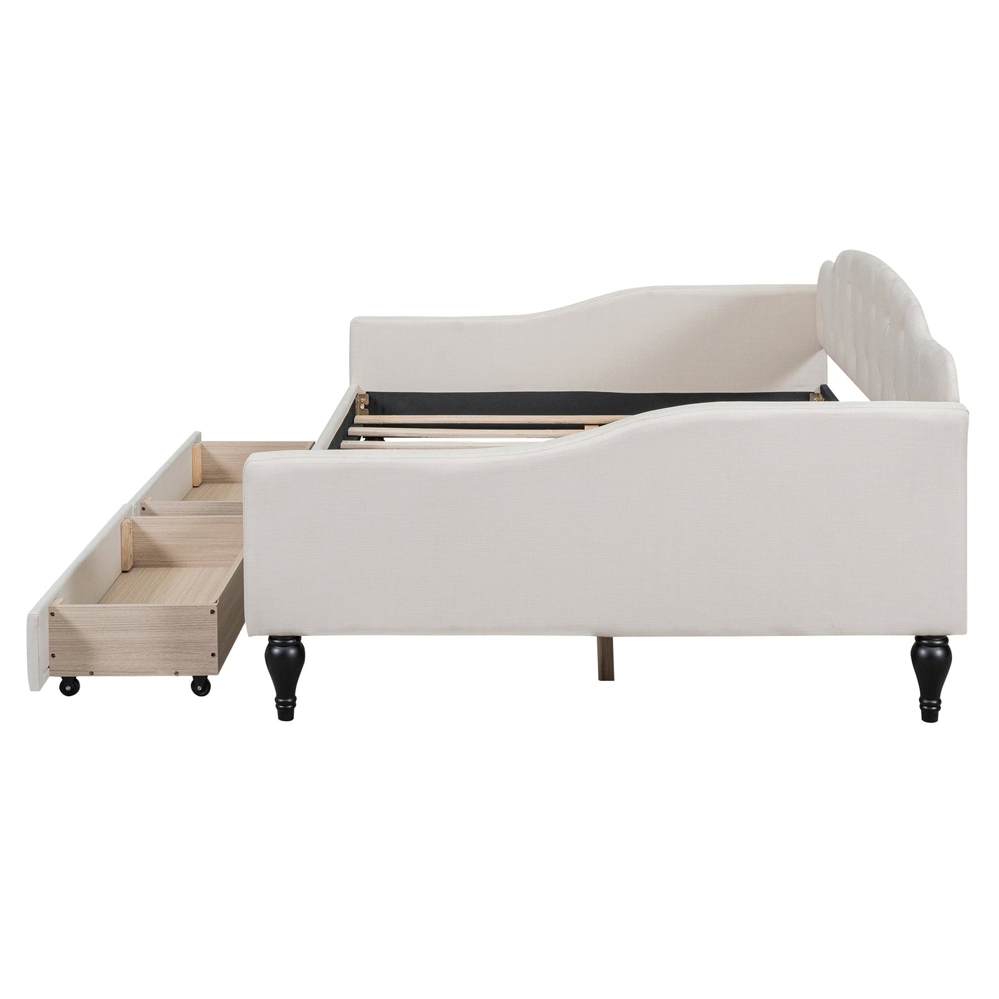 Full Size Upholstered Tufted Daybed with Two Drawers, Beige - Korvel
