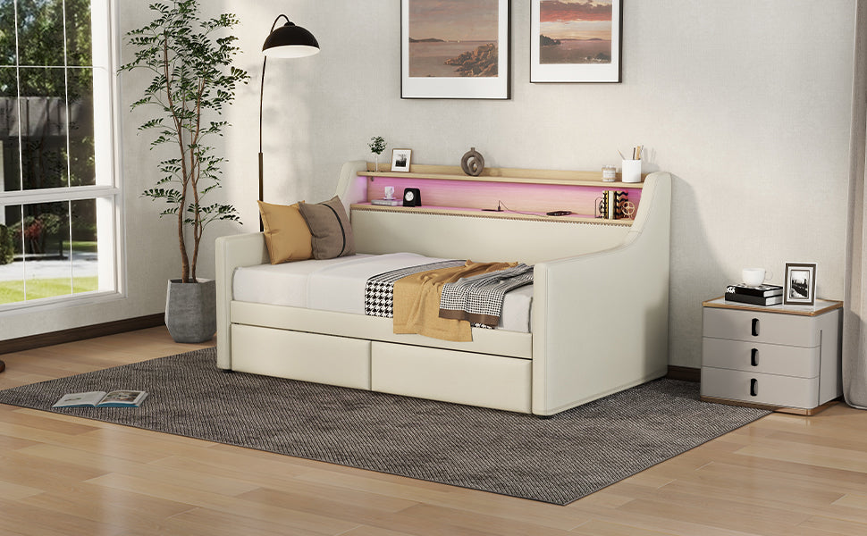 Twin Size Daybed with Storage Drawers, Upholstered Daybed with Charging Station and LED Lights, Beige - Korvel
