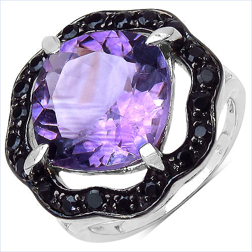 Anillo de Plata de Ley con Amatista y Espinela Negra de 6.09 Quilates