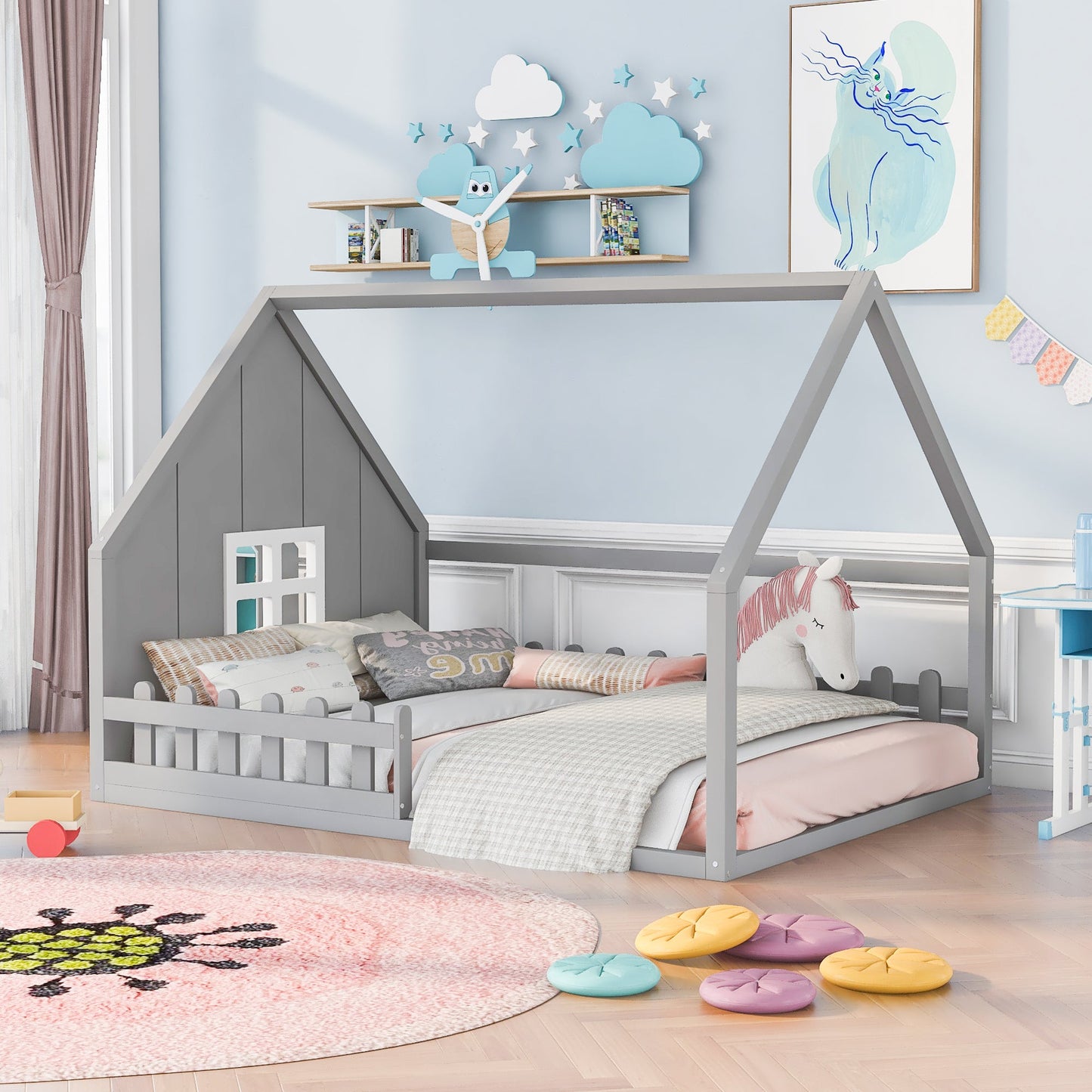 Full Size Wood House Bed with Window and Fence  Gray - Korvel