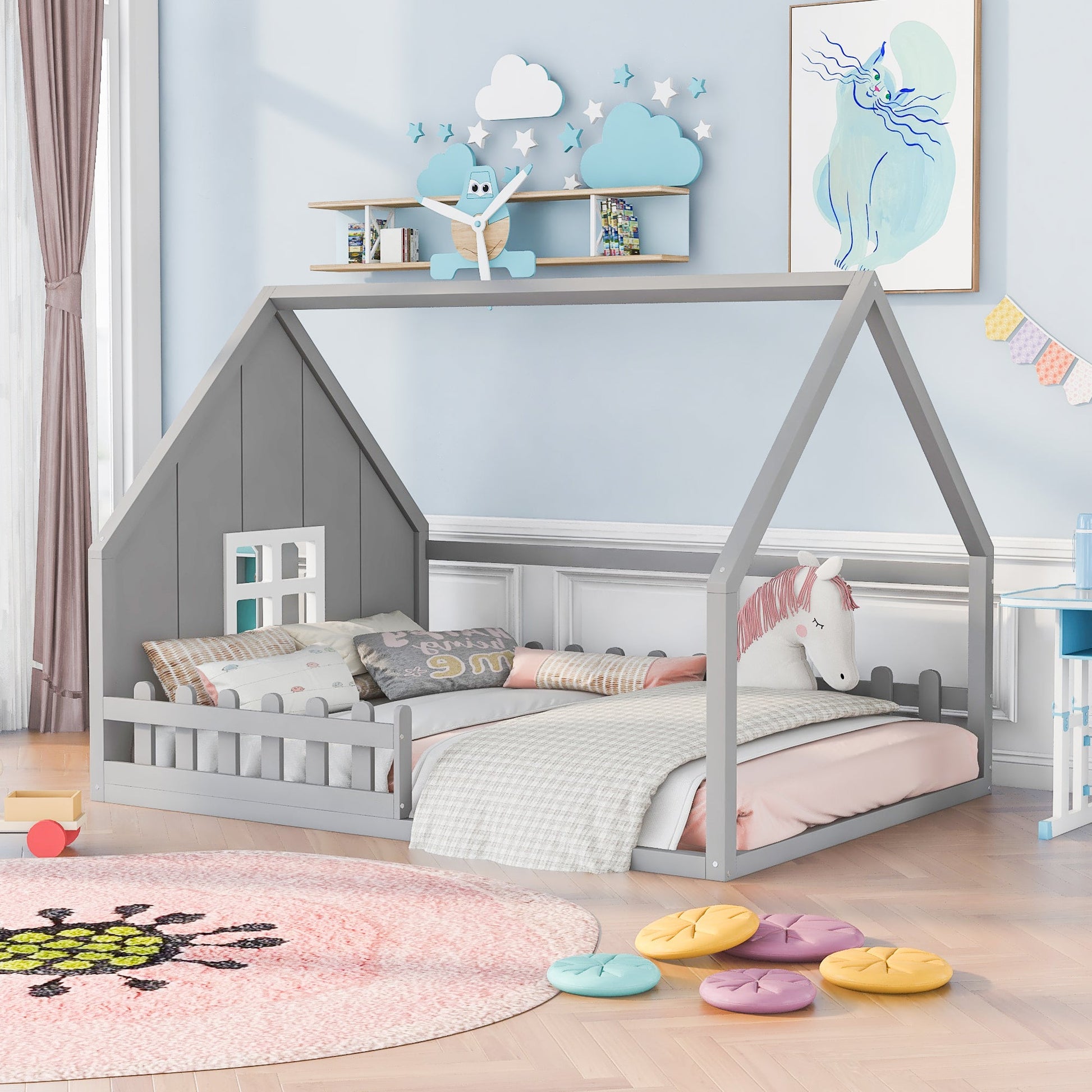 Full Size Wood House Bed with Window and Fence  Gray - Korvel