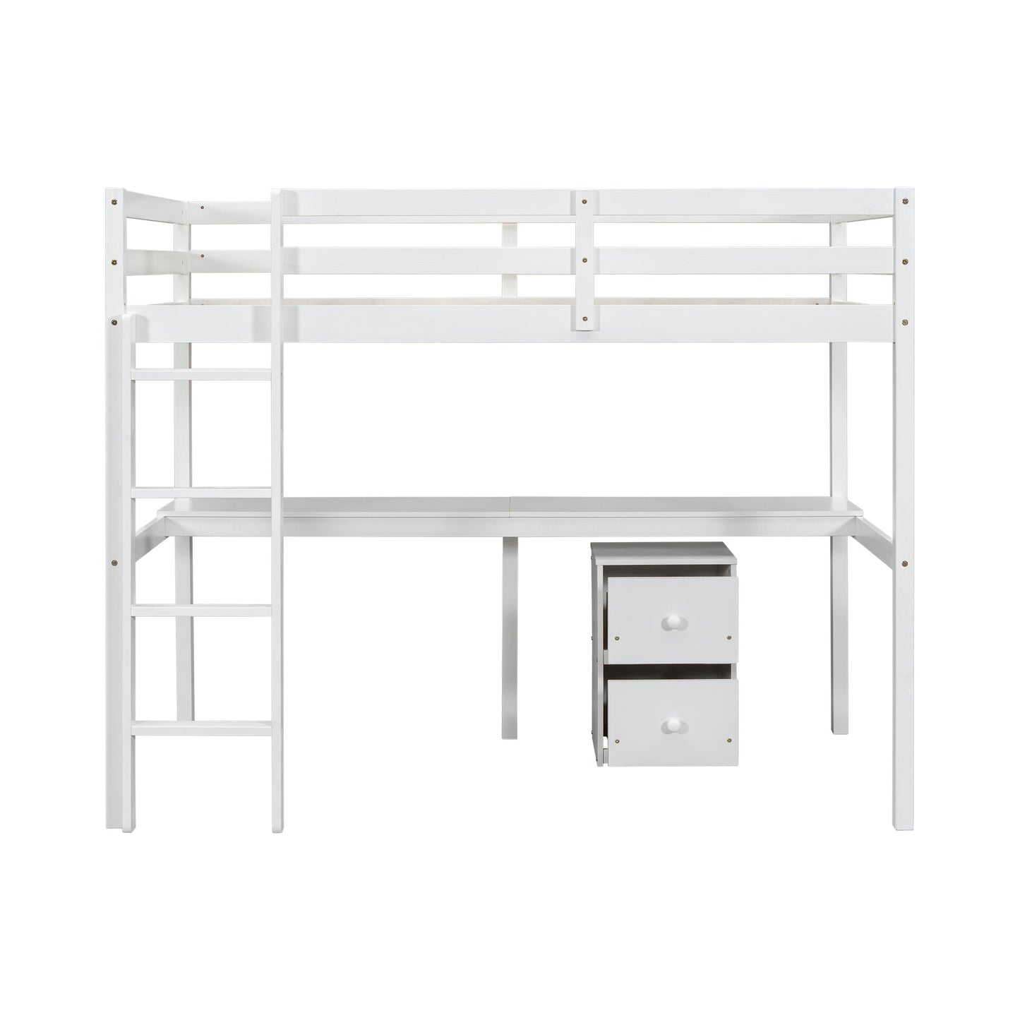 Twin Loft Wood Bed with Under-bed, Built-in Desk, a Storage Cabinet of 2 Drawers, Guardrails, Ladder,White - Korvel